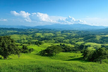 A panoramic view of rolling hills covered in lush green grass under a clear blue sky, showcasing the beauty of rural landscapes, 8k, realistic