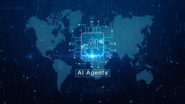 AI agents technology concept with digital world map, network connections, and artificial intelligence data visualization. Technology AI concept 3D rendering