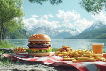 A patriotic picnic scene featuring burgers, fries, and snacks, with a summer USA theme, 8k, realistic