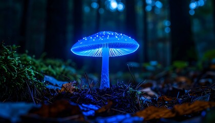 Glowing blue mushroom in dark forest