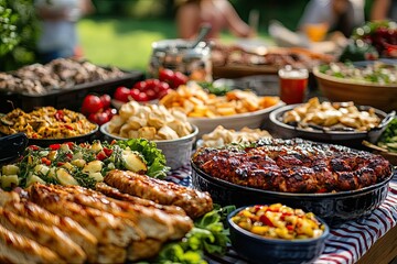 A patriotic summer BBQ featuring classic American food, with friends gathered around, 8k, realistic 