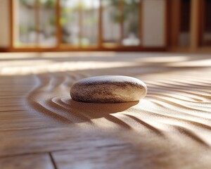 A peaceful Zen garden scene with a single stone and carefully raked sand lines, exuding calmness and simplicity, 8k, realistic