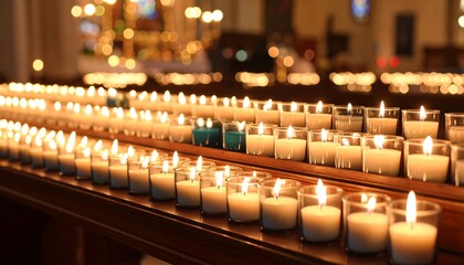 Rows of lit candles in a church