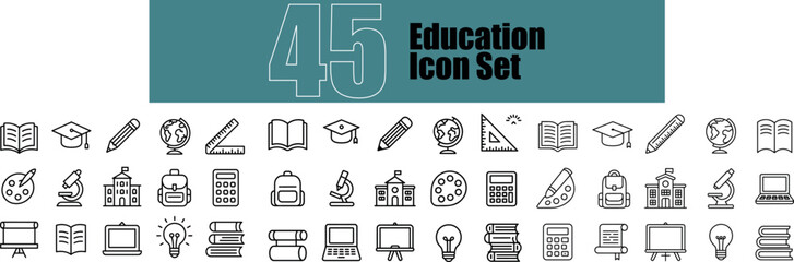 Fototapeta premium Education Icons set vector illustrations of education-related symbols in a clean and modern style, perfectly suitable for educational materials, web design, and various graphic projects. 