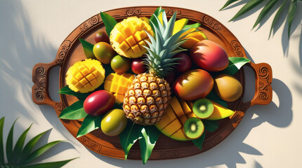  A Flat Lay of Exotic Fruits on a Carved Wooden Tray with Palm Shadows