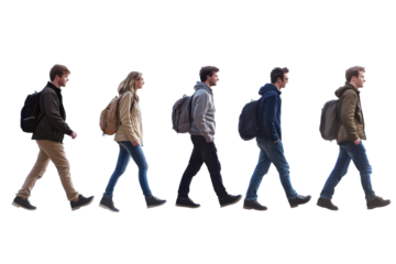 Young adults walking in a variety of casual outfits on a clear day, showcasing different styles and movements in a natural setting for a lively urban atmosphere