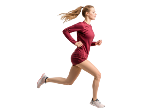 Young woman running on a track in athletic clothing in a dynamic full length pose during daytime outdoor fitness activity