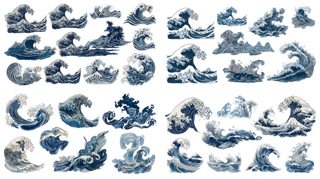 Collection of ocean wave illustrations inspired by Japanese art, ink and watercolor style sea waves, splash, and storm patterns.