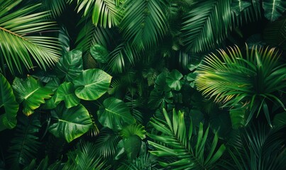 Fototapeta premium Lush tropical green foliage dense jungle leaf texture background pattern