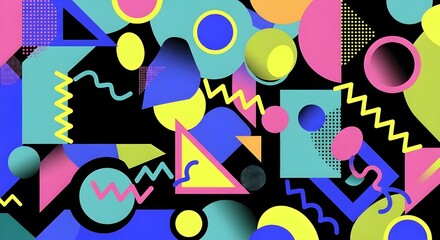 Fototapeta premium Colorful geometric shapes on a black background creating a vibrant and dynamic abstract design style