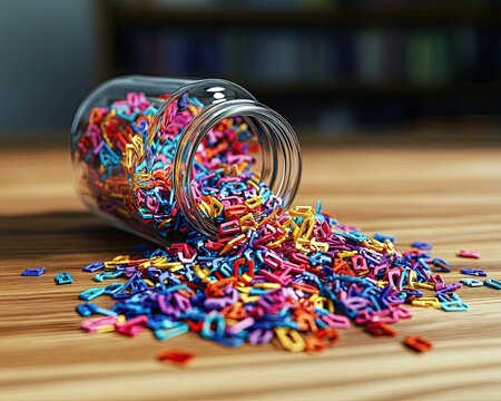 A pile of multicolored paperclips spilling out of a transparent jar onto a wooden table, ideal for Paperclip Day themes, 8k, realistic