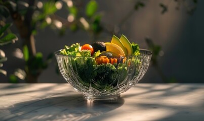 Naklejka premium Fresh vegetable salad in crystal bowl with natural sunlight and shadows