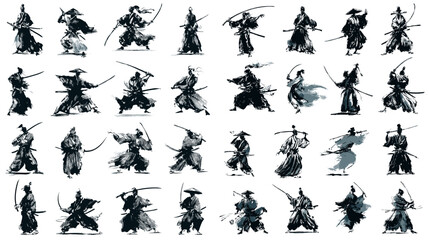 Ink painting of samurai warriors in dynamic sword fighting poses, traditional Japanese martial arts silhouette illustration set. © Creative Nest