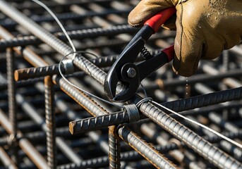 A construction worker in protective gloves uses pliers to twist wire, securing steel rebar for a concrete foundation