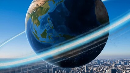 Earth Globe Hovering Over a Cityscape with Rings Concept - Powered by Adobe