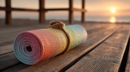 Rolled yoga mat on wooden dock at sunrise