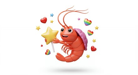 Naklejka premium Cartoon shrimp holding star wand