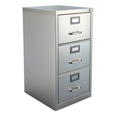 A metal filing cabinet with three drawers for office organization and storage isolated on transparent background