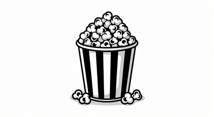A striped popcorn bucket overflowing with fluffy popcorn, set against a plain white background