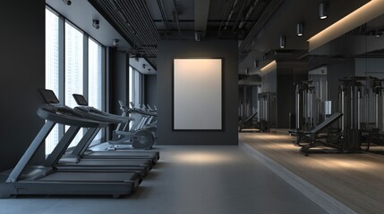 Modern Gym Interior with Treadmills and Exercise Equipment, Empty White Frame for Advertisement Mockup