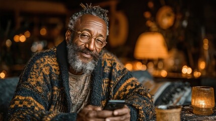 Happy senior man using smartphone at home on couch, scrolling social media, checking financial apps, buying online, texting messages