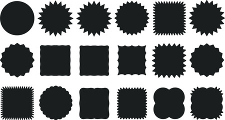 Collection of diverse black starburst and decorative border shapes for design elements