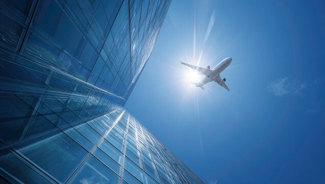 Airplane Flying Over Modern Glass Buildings Against a Clear Blue Sky
