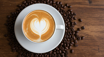 Warm coffee cup with latte art heart surrounded by roasted coffee beans