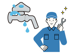 蛇口の水漏れを修理する水道屋のイラスト。水道工事を行う作業着の男性のイラスト。