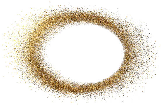 Oval frame made of scattered golden glitter particles, isolated on transparent cutout background