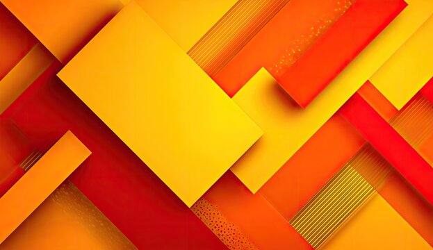 Abstract geometric design with overlapping, layered rectangles and diagonal lines in vibrant orange and yellow hues