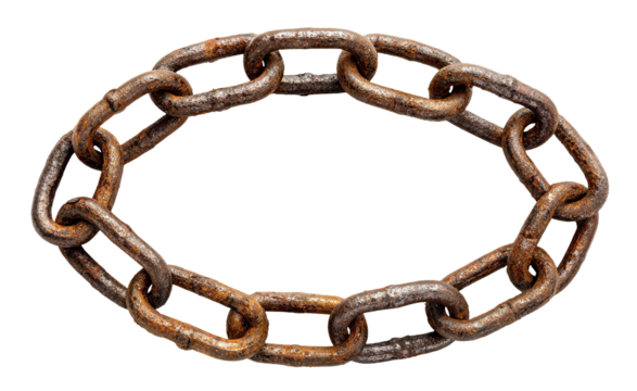 Rusty metal chain arranged in oval shape, isolated on transparent cutout background