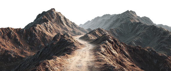 Rocky mountain path winding through peaks, isolated on transparent cutout background