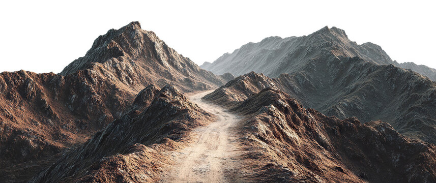 Rocky mountain path winding through peaks, isolated on transparent cutout background