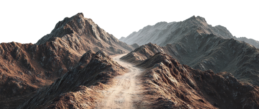 Rocky mountain path winding through peaks, isolated on transparent cutout background