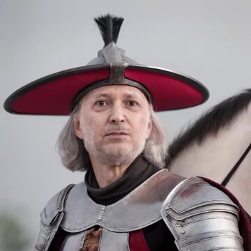 A knight in armor speaks, trying to convey something important to the viewer.
