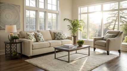 Cozy Living Room with Natural Light, Beige Sofa, and Serene Outdoor View Through Windows