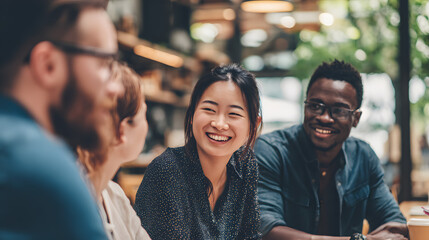 casual business conversation concept group of multiethnic teamwork collegues positive discuss conversation with happiness clam and joyful together in office or cafe coffeeshop background, ai generate