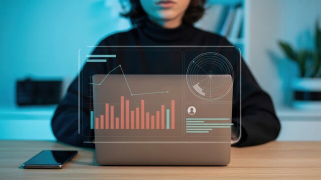 Business Data Analysis - A woman working on a laptop, with a digital dashboard showing various financial charts, graphs, and user data