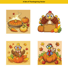 Naklejka premium A Charming Collection of Thanksgiving Thanksgiving Day Themed Cartoon Illustrations in Vector Format