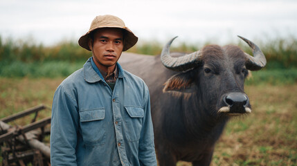 A Rural Portrait of a Farmer and His Buffalo in an Expansive Field: Celebrating Sustainable Agriculture and Rural Heritage