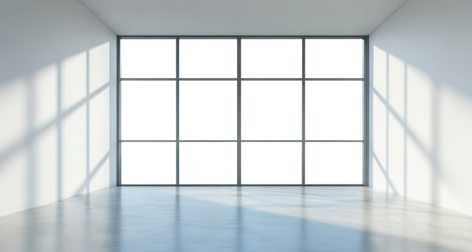Large modern window with sunlight casting shadows on empty floor and walls, isolated on transparent cutout