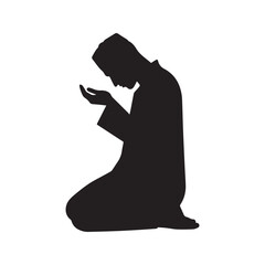 Muslim man praying silhouette, kneeling in Islamic worship (Salah, Dua). Vector icon.
