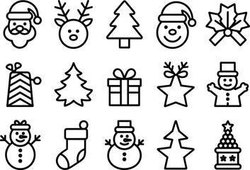 Collection of festive christmas icons including santa claus reindeer snowman and gifts