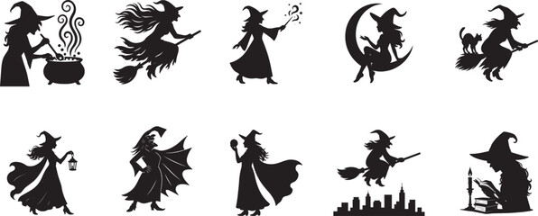 Obraz premium Set of Witch Silhouettes – Halloween Magic and Fantasy Elements