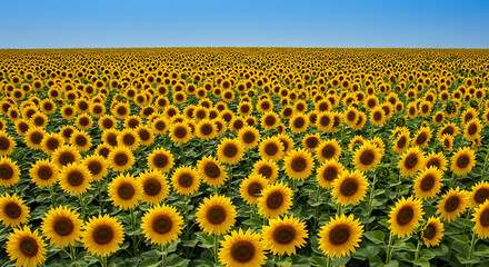 Obraz premium Vibrant sunflower field under a clear blue sky full of sunshine