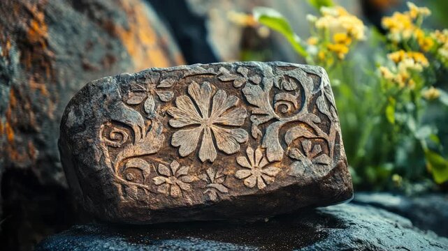 Carved stone with floral patterns, surrounded by nature