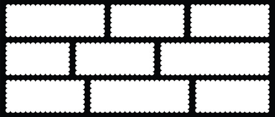 Postage stamp borders set vector. Wavy edge frame or shape. Set of frames in shape of squares and rectangles of various sizes with zigzag edges 