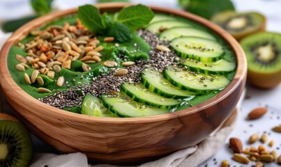 Green smoothie bowl with cucumber seeds and nuts for healthy eating lifestyle