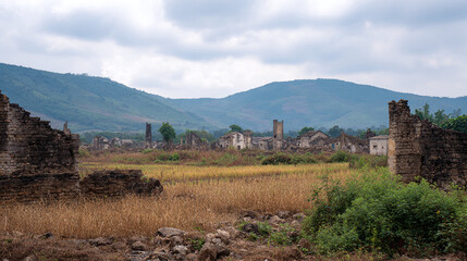 Naklejka premium Exploring the Ruins of an Abandoned Village: The Beauty of Nature and Decay in Serene Mountain Landscapes